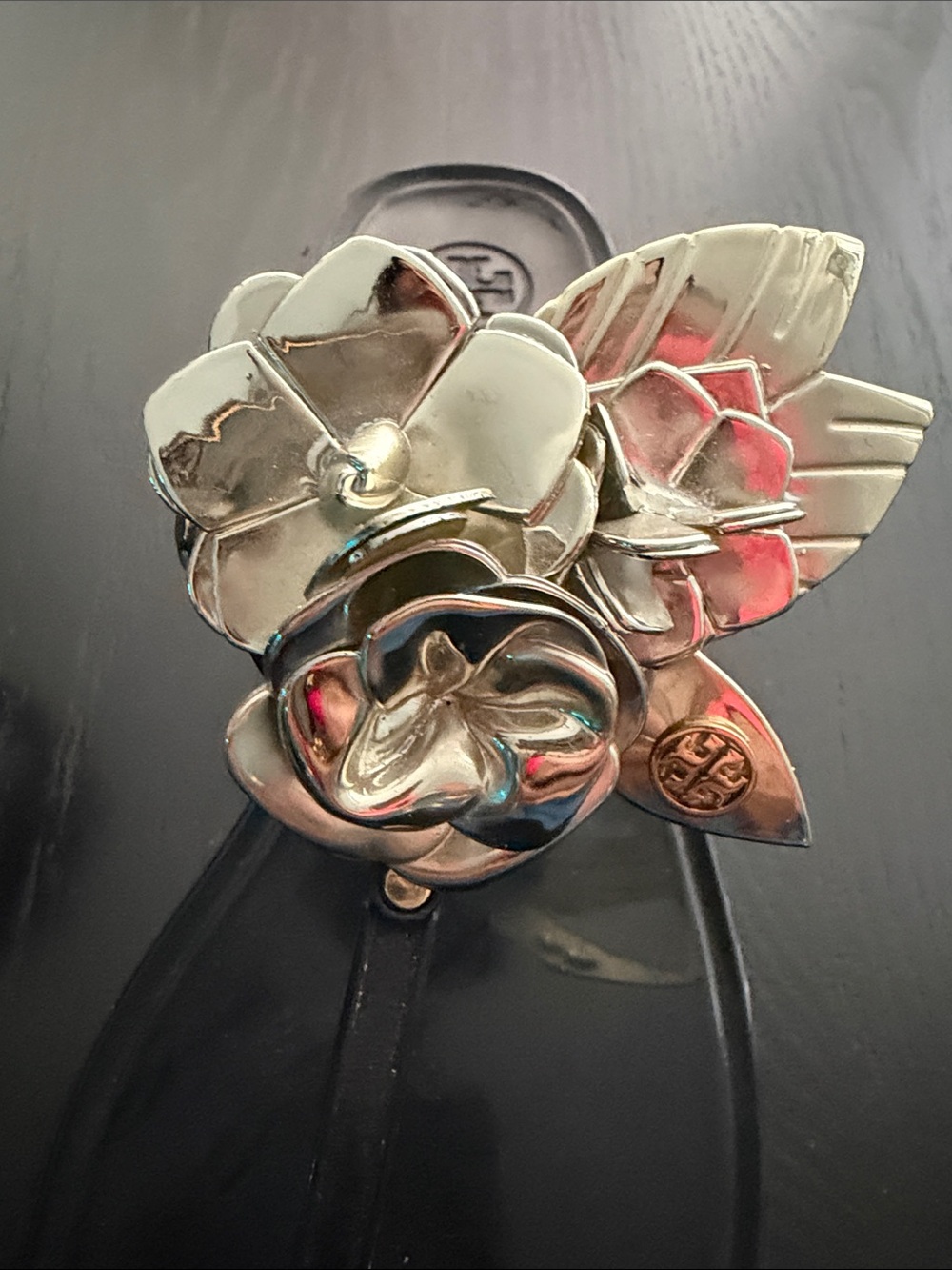 Tory Burch - Black Jelly Thong Sandals with Gold Floral Accents - Picture 3 of 5
